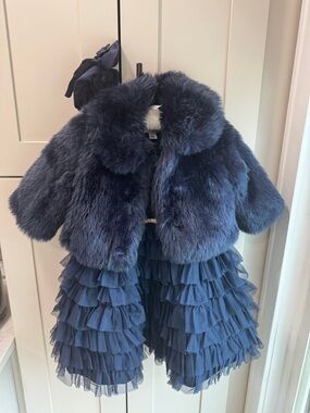 Janie and Jack Navy Formal Dress, Fur Coat and Gloves 2T